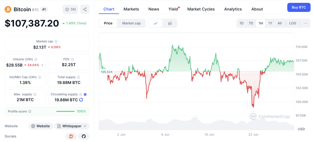 نمودار قیمت و اطلاعات بازار بیت کوین - منبع: CoinMarketCap